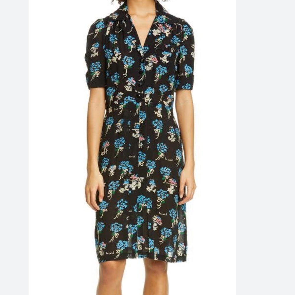 Vintage 1995 Anna Sui Runway Black and Blue Floral Midi Dress